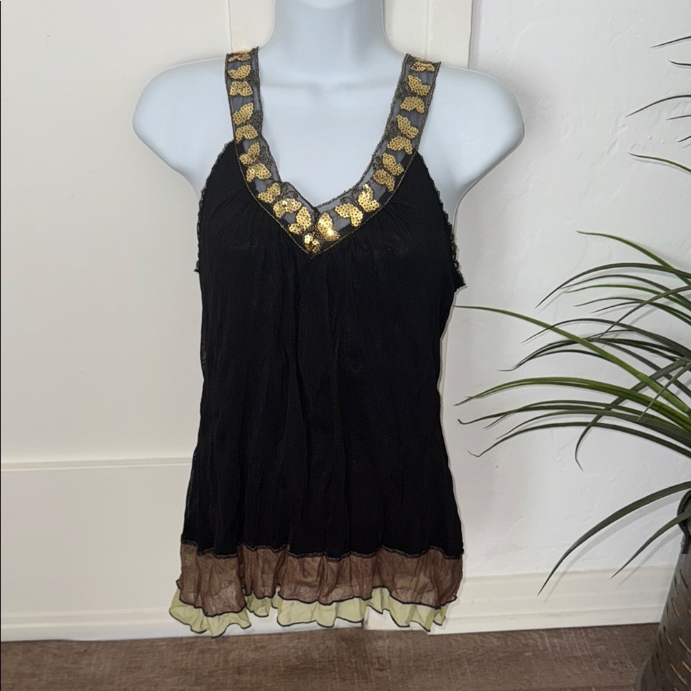 Black and Gold Embellished Sleeveless Tank Top